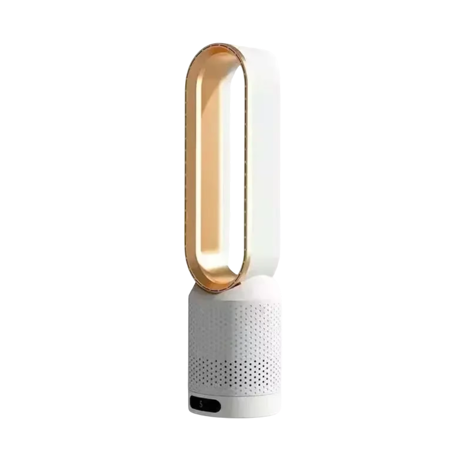 White and gold WhisParu Bladeless Fan product on a white background