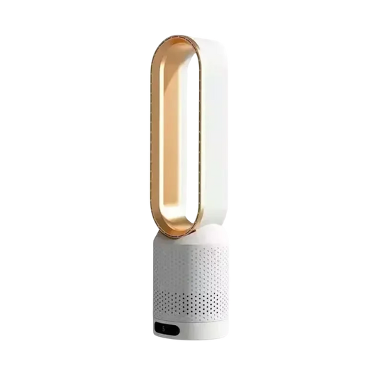 White and gold WhisParu Bladeless Fan product on a white background