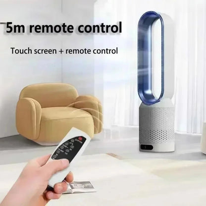 WhisParu Bladeless Fan with remote control in a room setting