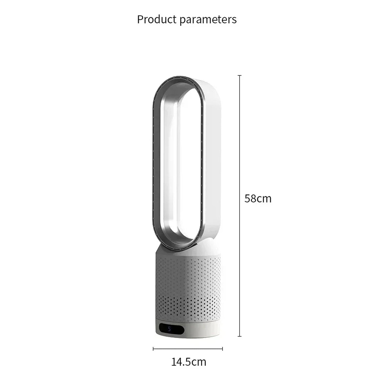 WhisParu Bladeless Fan with dimensions labeled on a white background