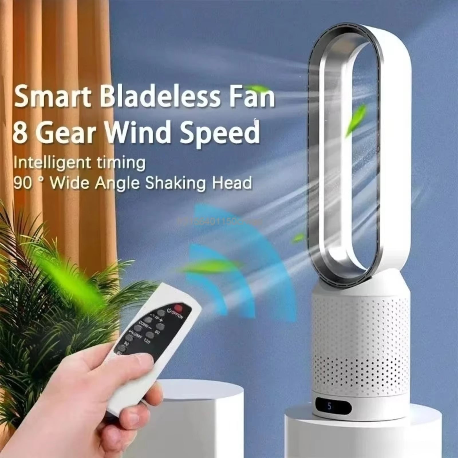 WhisParu Bladeless Fan with remote control on a blue background