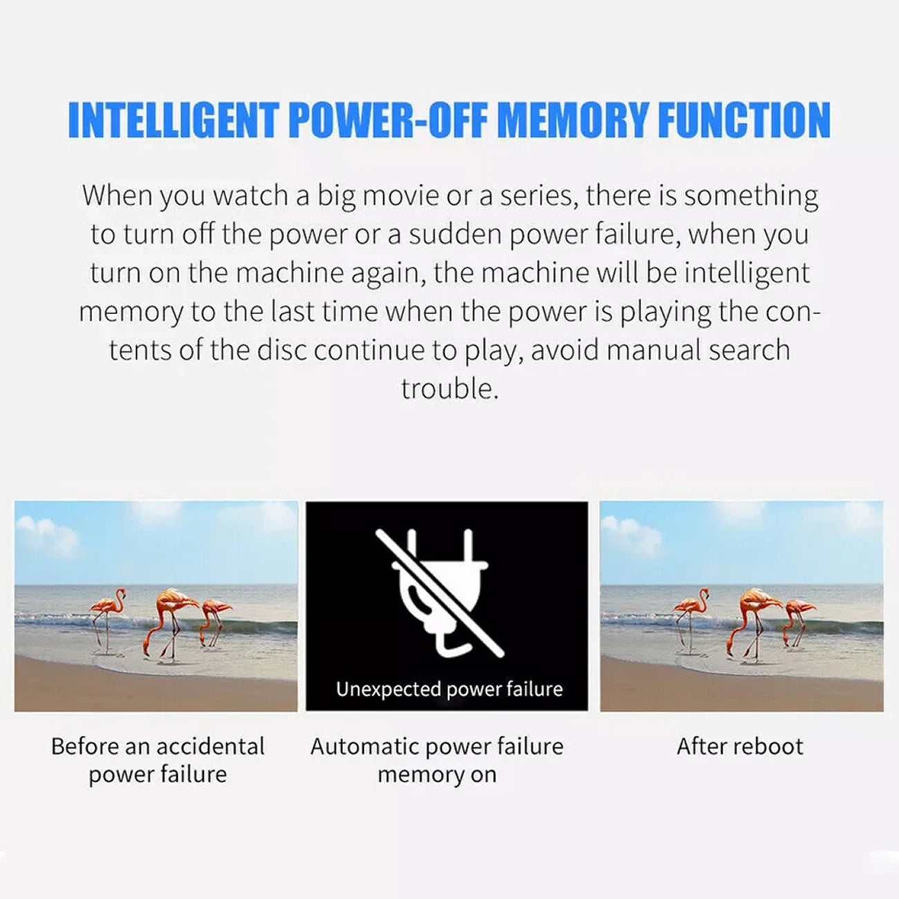 Promotional graphic for an intelligent power-off memory function, with blue headline text, a paragraph of explanatory copy, and three small panels showing a beach scene with flamingos before, during an unexpected power failure, and after reboot.