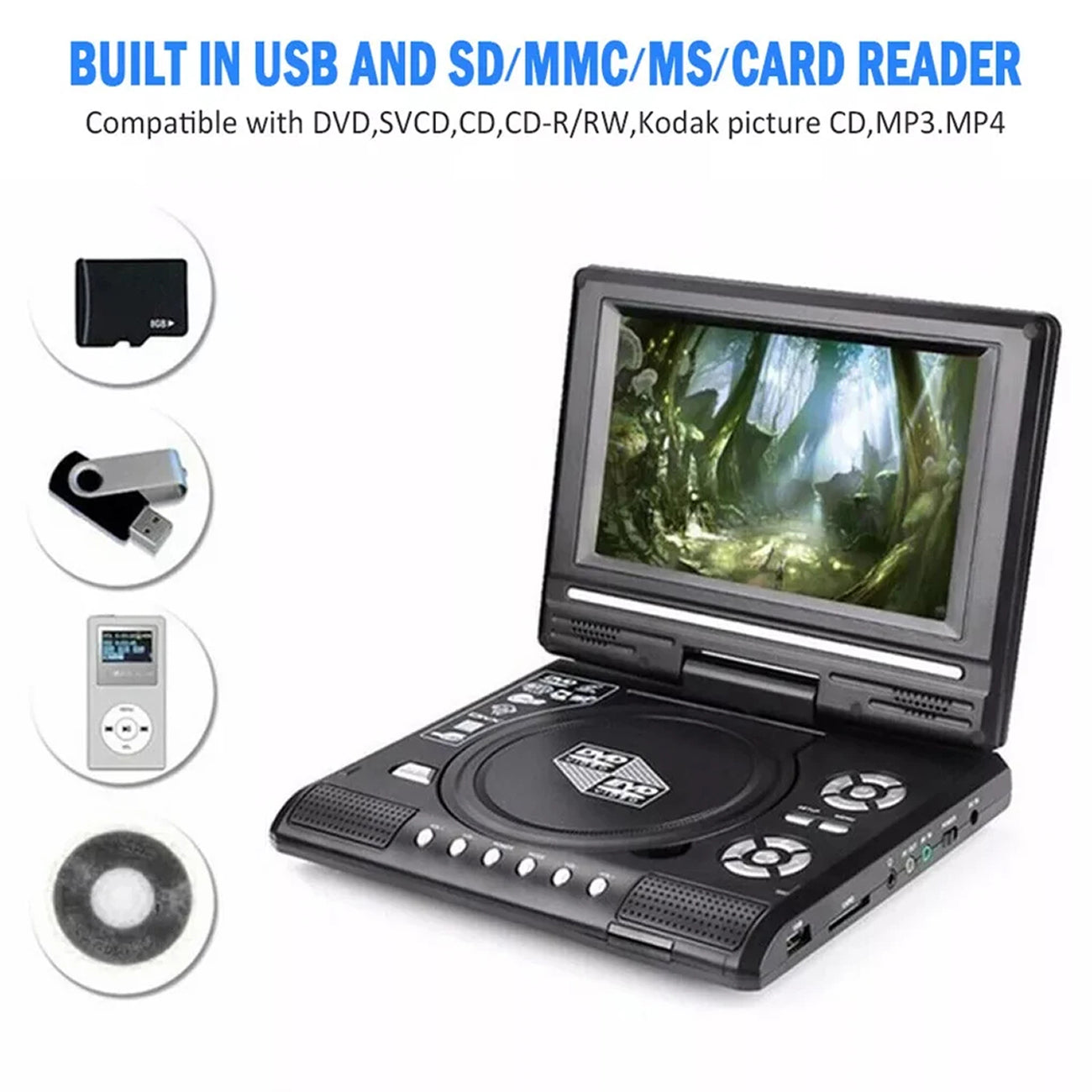 WidTosee Portable DVD Player with screen displaying a nature scene, surrounded by icons of USB, SD card, and other devices on a white background.