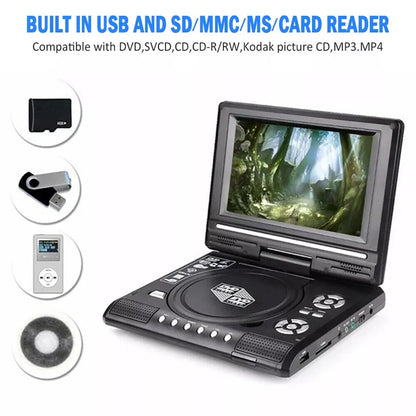 WidTosee Portable DVD Player with screen displaying a nature scene, surrounded by icons of USB, SD card, and other devices on a white background.