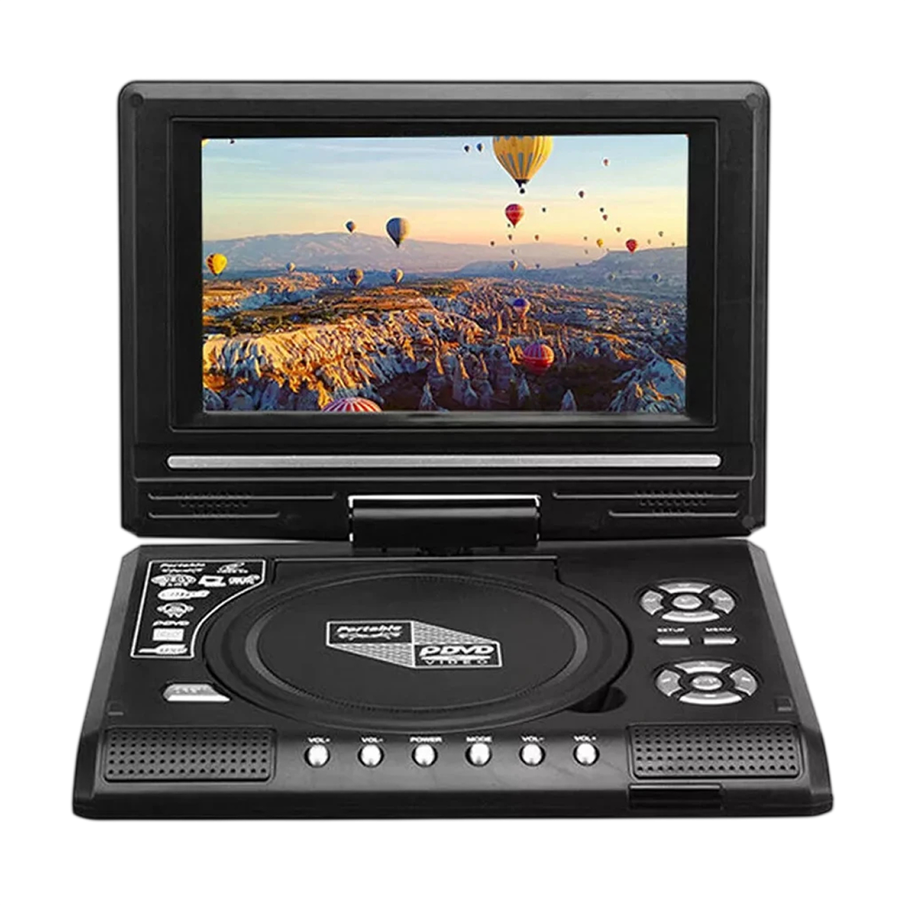 A WidTosee Portable DVD Player with an integrated flip-out screen displaying a hot air balloon landscape. The device is black with silver buttons and control icons on the front panel, set against a plain white background.