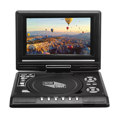 A WidTosee Portable DVD Player with an integrated flip-out screen displaying a hot air balloon landscape. The device is black with silver buttons and control icons on the front panel, set against a plain white background.