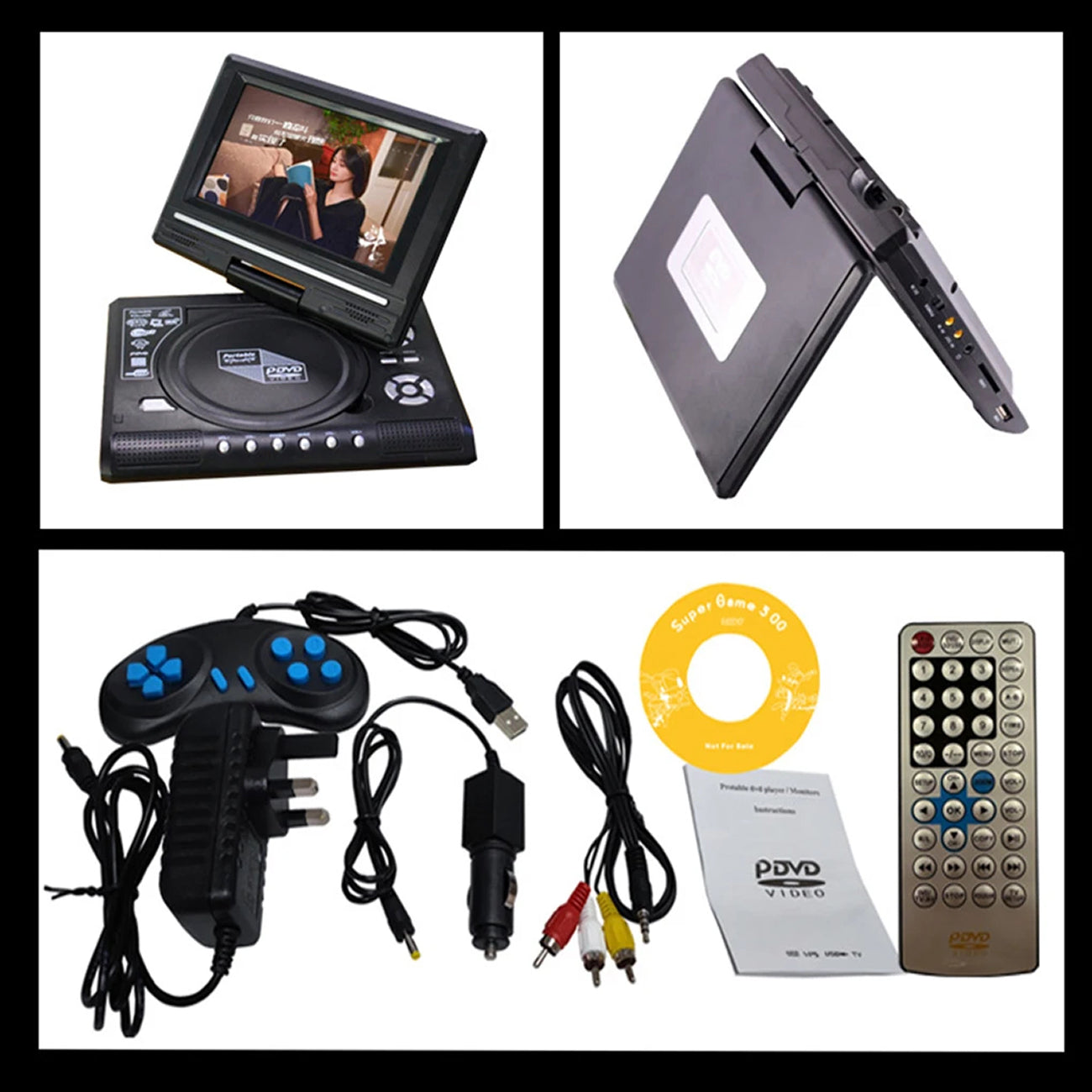 A 3x2 collage showing a portable DVD game console from multiple angles, along with included accessories: a wired controller, power adapter, car cigarette lighter plug, remote control, instruction booklet, and a yellow DVD-R disc.