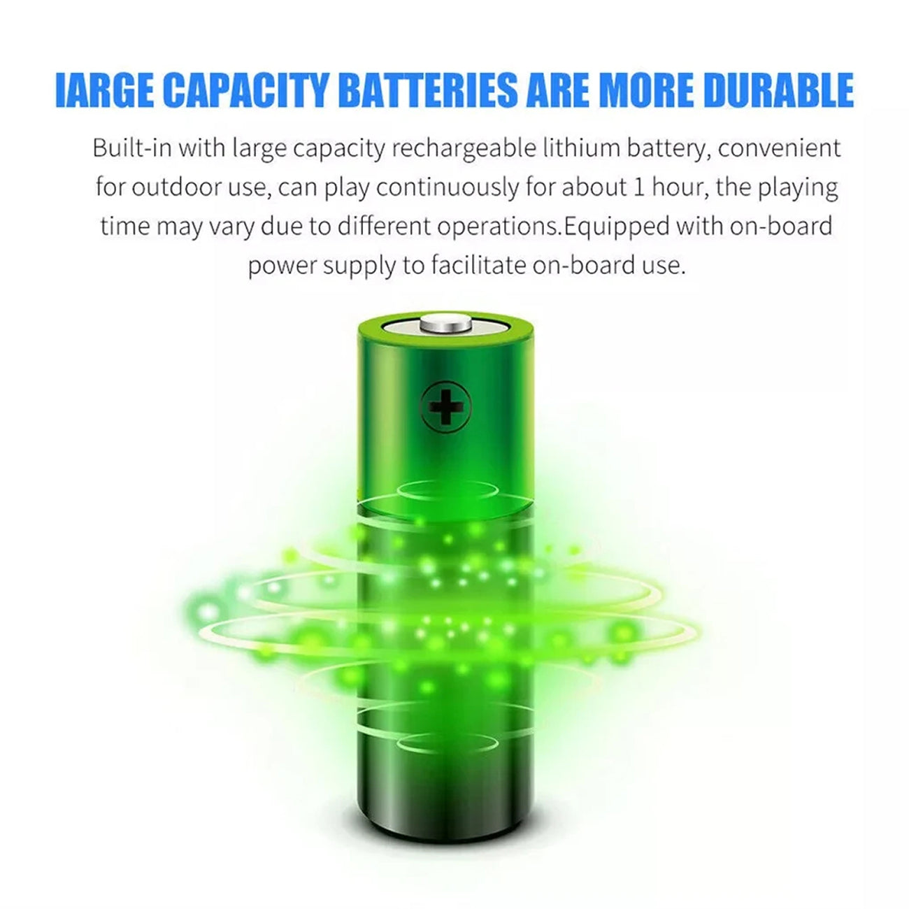 A green rechargeable lithium battery with a metallic finish and glowing green energy effects around it, set against a white background with descriptive text about its large capacity and outdoor use.