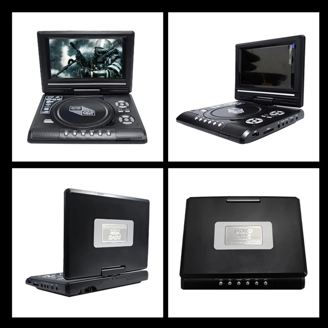 A 2x2 collage showing a WidTosee Portable DVD Player from multiple angles on a white background. The black device has a small screen, a disc tray, buttons, and a silver brand plate reading 'PDAF'.