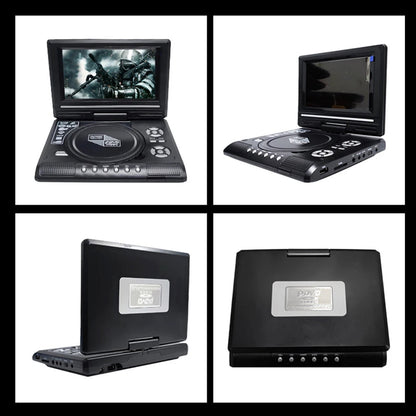 A 2x2 collage showing a WidTosee Portable DVD Player from multiple angles on a white background. The black device has a small screen, a disc tray, buttons, and a silver brand plate reading 'PDAF'.