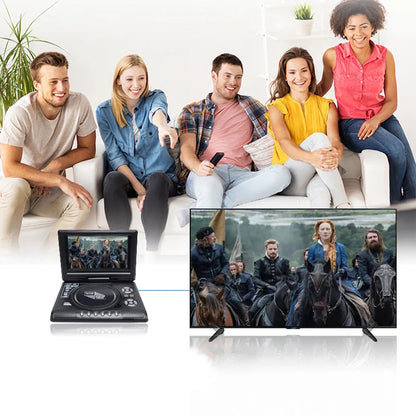 Group of people sitting on a couch watching a movie on a portable WidTosee Portable DVD Player and a larger TV.