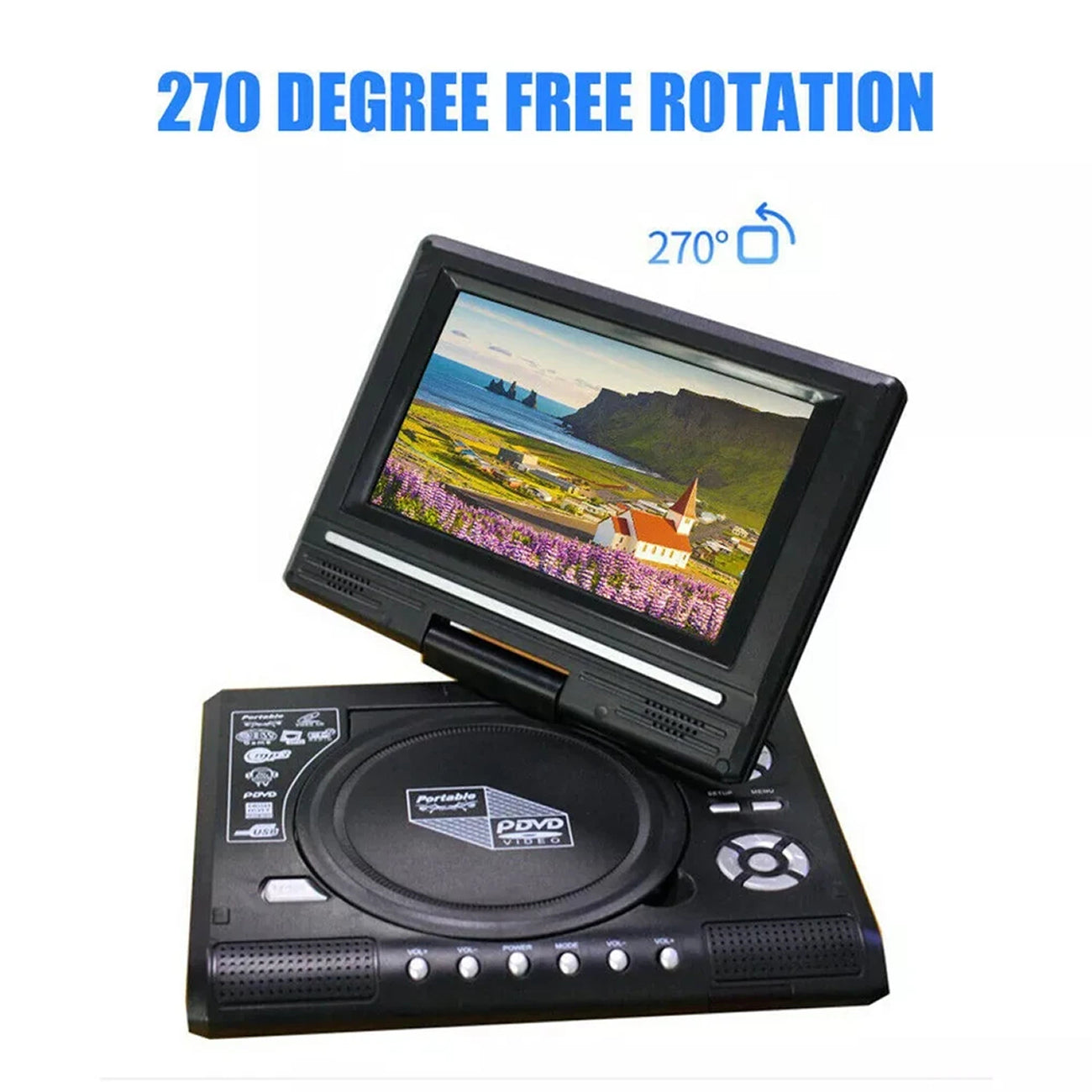 WidTosee Portable DVD Player with a screen displaying an outdoor scene, featuring 270-degree free rotation text.