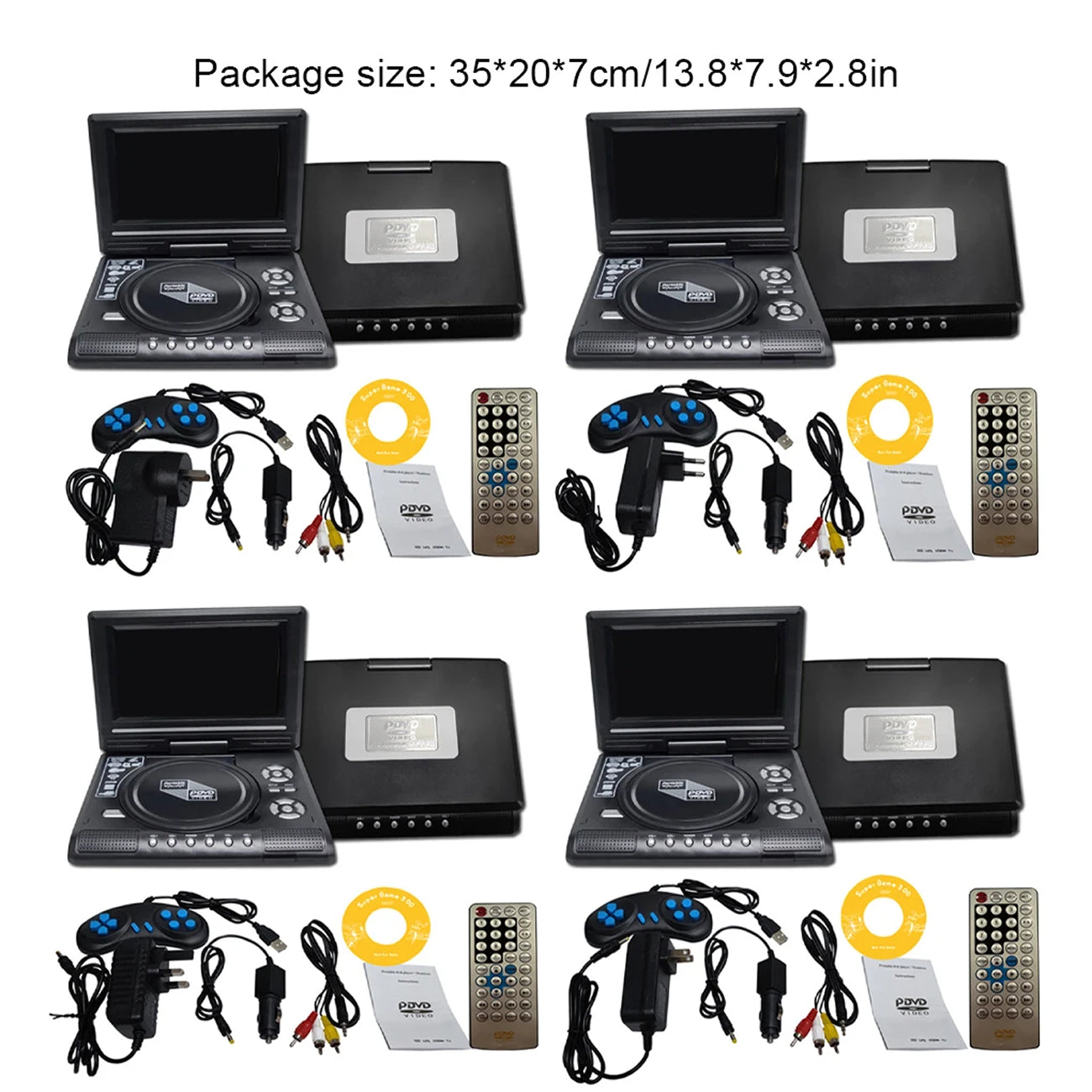 Four black portable WidTosee Portable DVD Player shown with their included accessories on a white background, including remotes, power adapters, cables, and yellow discs. Text at the top reads 'Package size: 35*20*7cm/13.