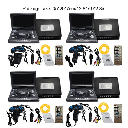 Four black portable WidTosee Portable DVD Player shown with their included accessories on a white background, including remotes, power adapters, cables, and yellow discs. Text at the top reads 'Package size: 35*20*7cm/13.