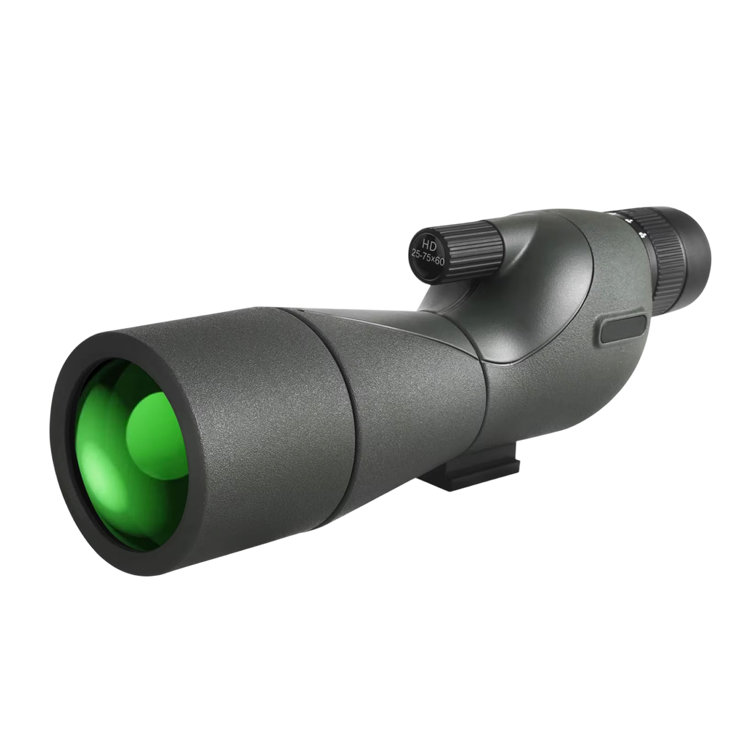Gray WildXplo Spotting Scope with green lens on a white background
