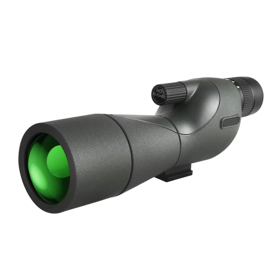 Gray WildXplo Spotting Scope with green lens on a white background