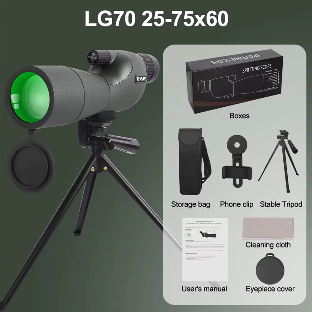 WildXplo Spotting Scope with accessories on a green background