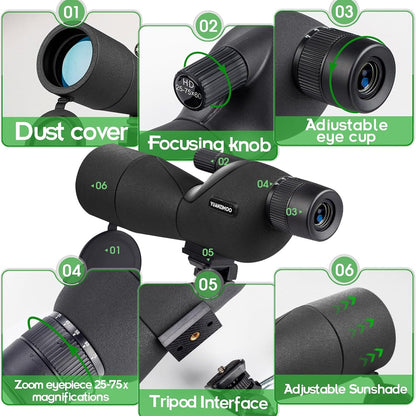 Black WildXplo Spotting Scope with labeled features on a white background