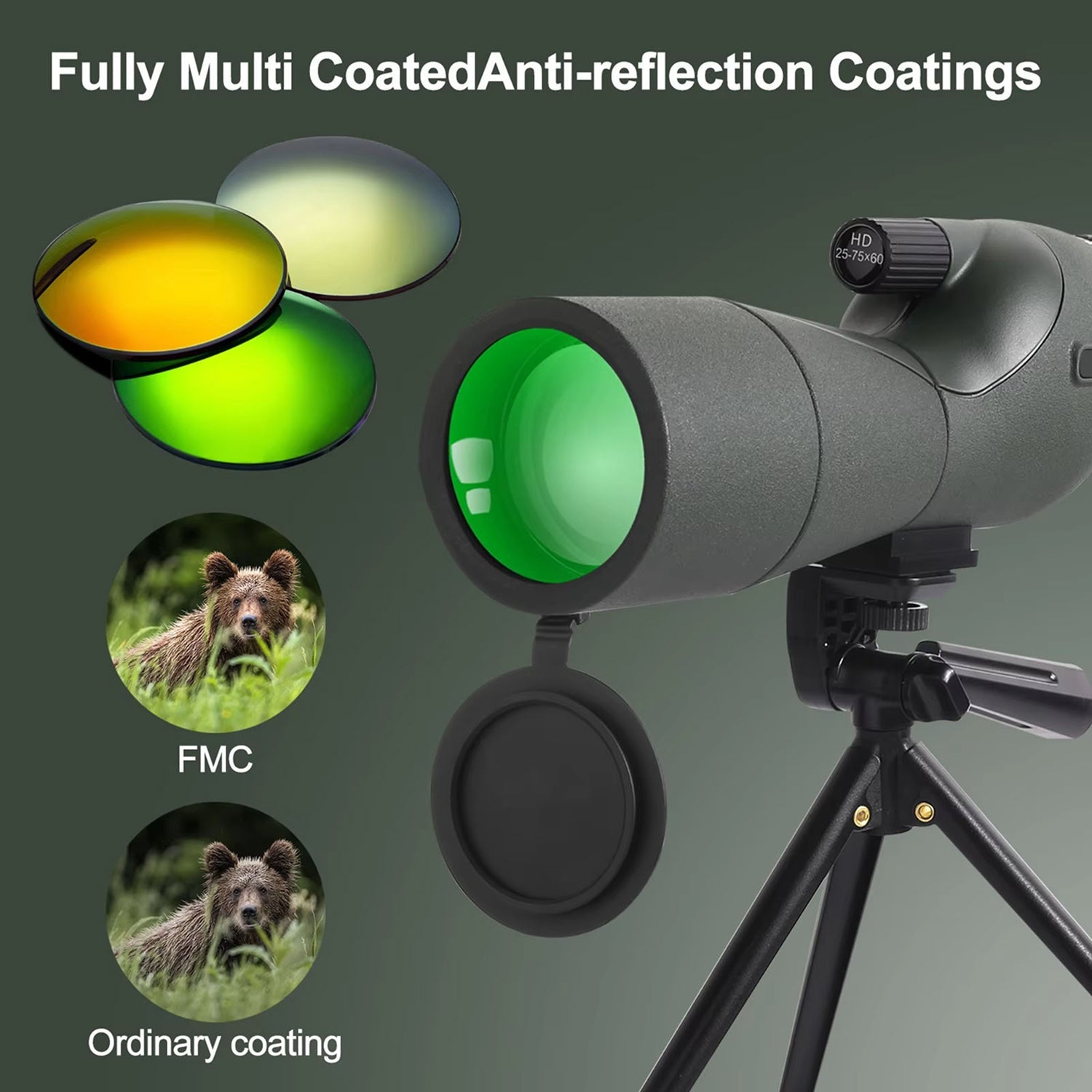 WildXplo Spotting Scope with anti-reflection coatings and comparison to ordinary coating on a green background