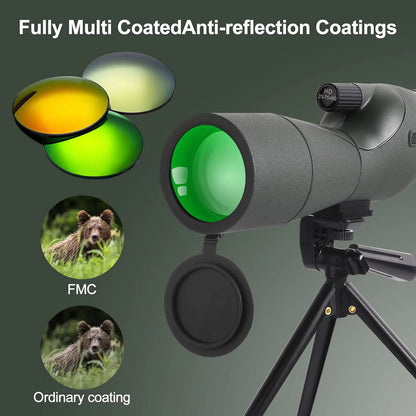 WildXplo Spotting Scope with anti-reflection coatings and comparison to ordinary coating on a green background