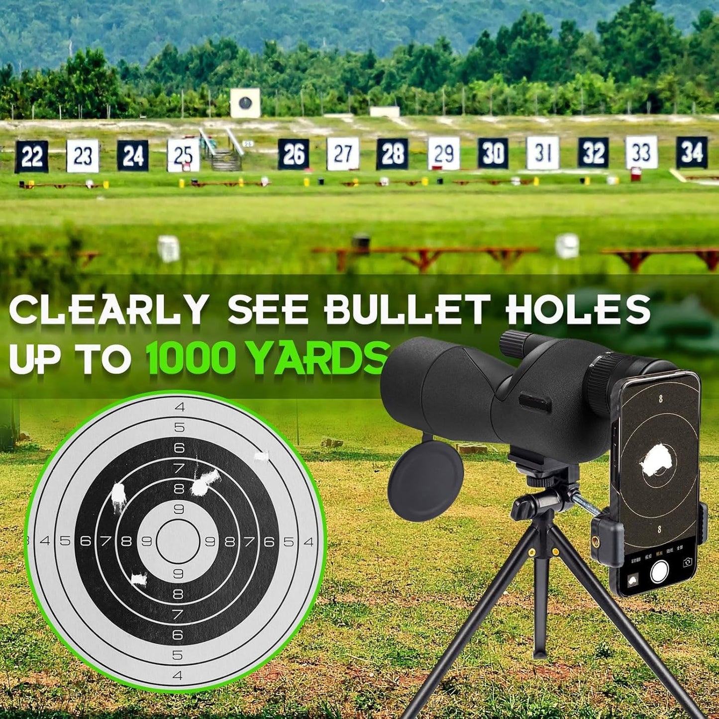 WildXplo Spotting Scope with smartphone attachment on a tripod in an outdoor shooting range setting.