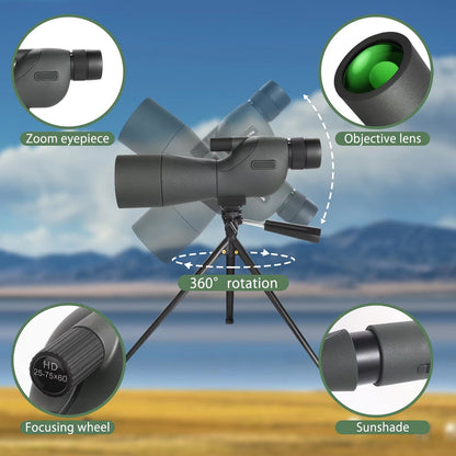 WildXplo Spotting Scope with labeled parts on a scenic background