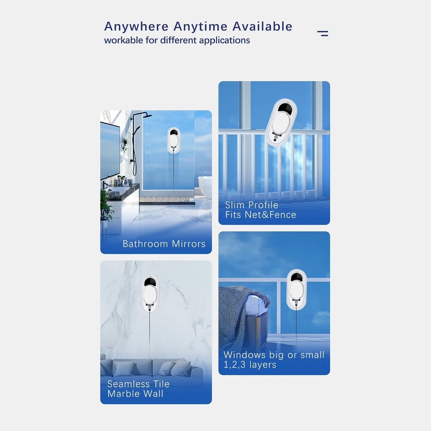 Product display with text 'Anywhere Anytime Available' and images of a device in various settings.