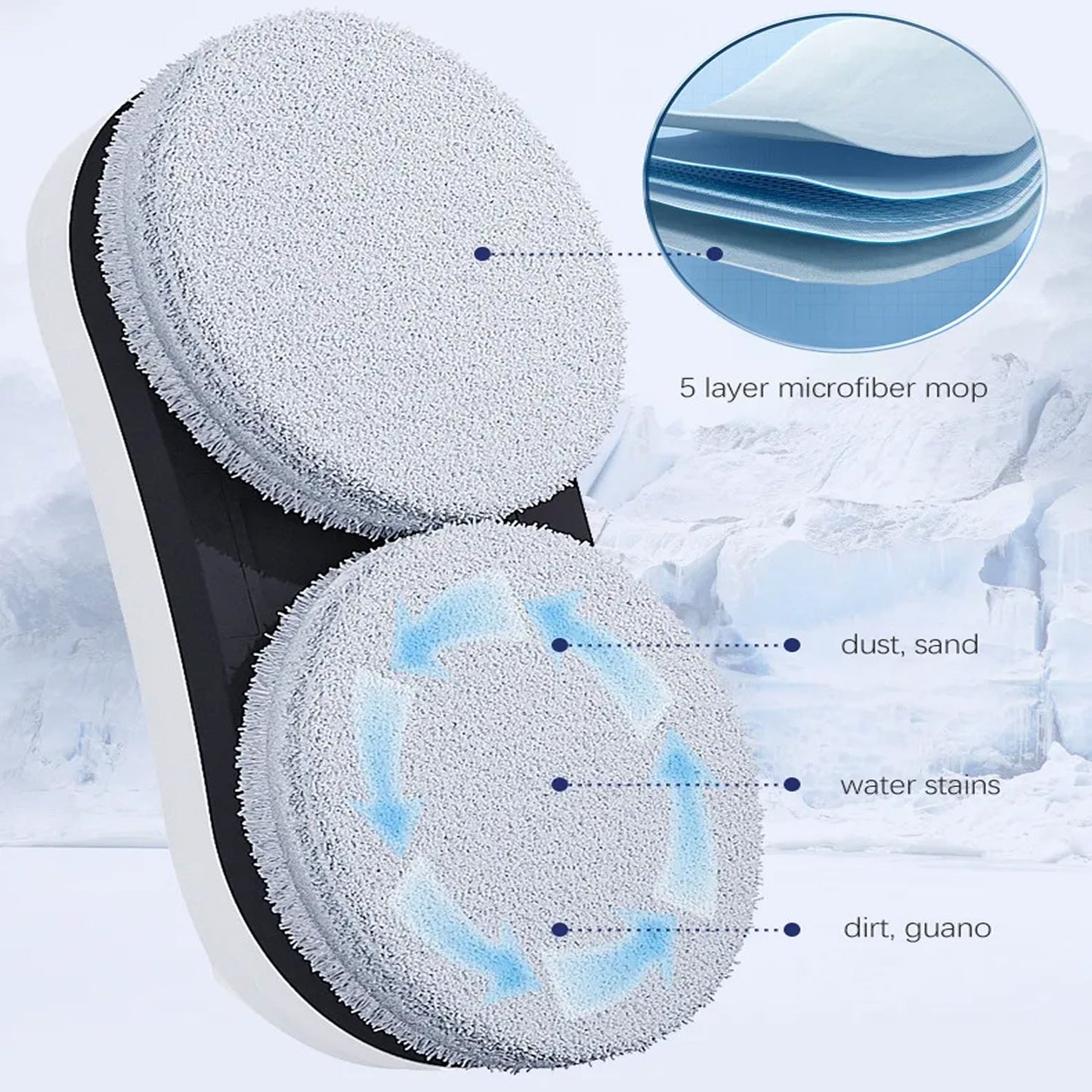 Two microfiber mops with a close-up of the microfiber texture and cleaning capabilities on a snowy background.