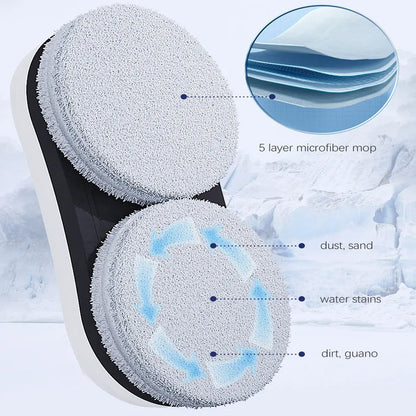 Two microfiber mops with a close-up of the microfiber texture and cleaning capabilities on a snowy background.