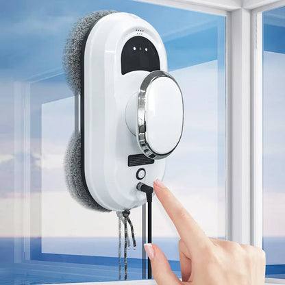 WinoBotto Robot Window Cleaner with a hand pressing a button against a window background