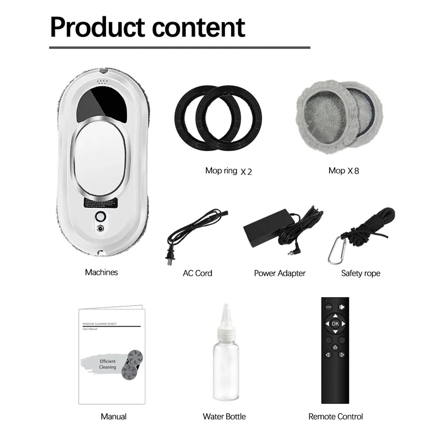 List of WinoBotto Robot Window Cleaner components including machines, map rings, AC cord, power adapter, safety rope, manual, water bottle, and remote control on a white background.