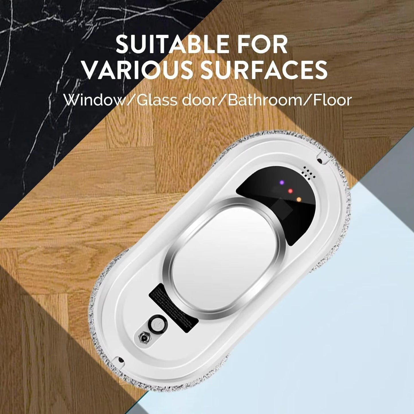 WinoBotto Robot Window Cleaner with text indicating suitability for various surfaces on a marble and wood background