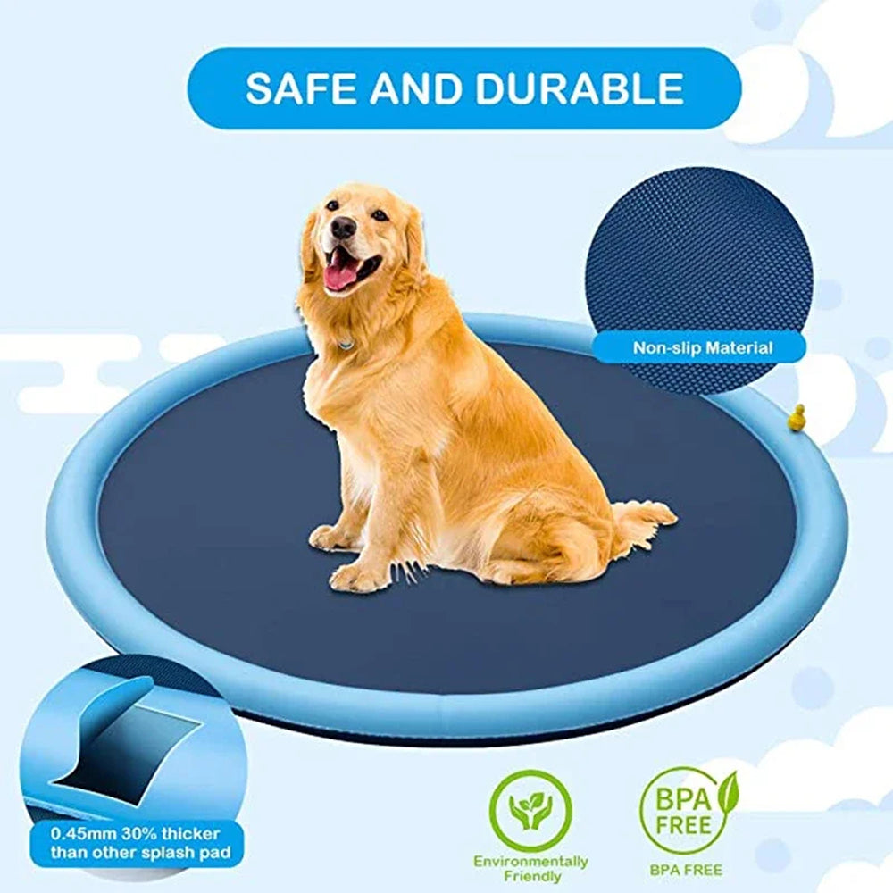 Dog sitting on a blue splash pad with text indicating safety and durability, non-slip material, and BPA-free properties.