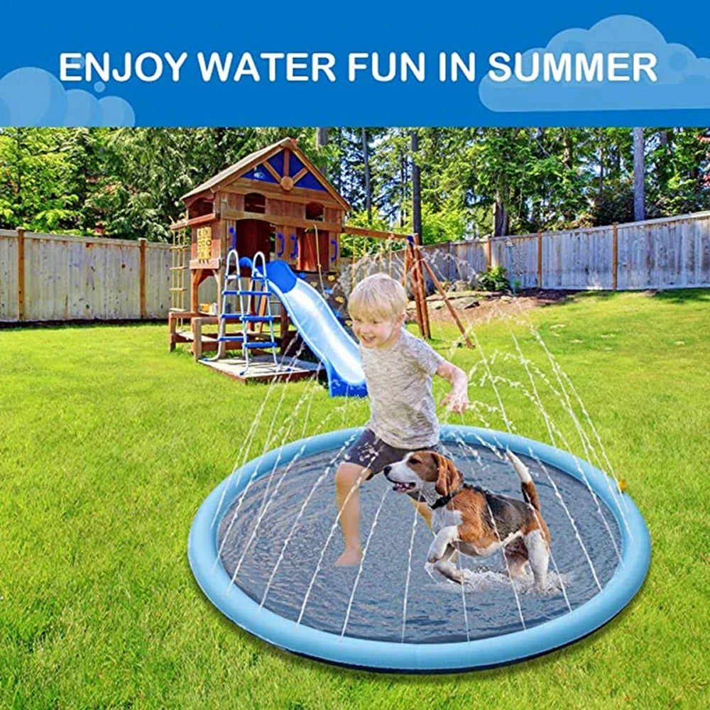 Child playing with a sprinkler pad in a backyard with a slide and playhouse in the background.
