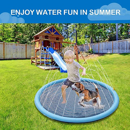 Child playing with a sprinkler pad in a backyard with a slide and playhouse in the background.