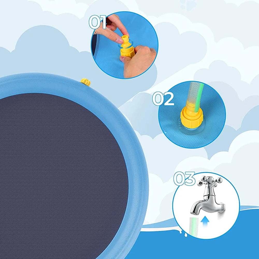 Instructions for using a water toy with a large blue WoofiPool Dog Swimming Pool, faucet, and close-up of hands.