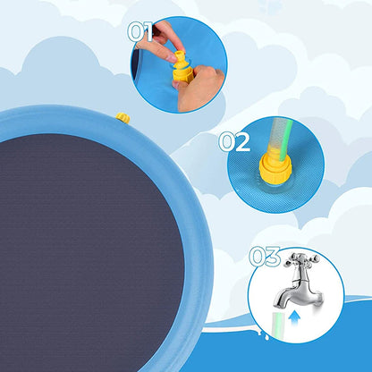 Instructions for using a water toy with a large blue WoofiPool Dog Swimming Pool, faucet, and close-up of hands.