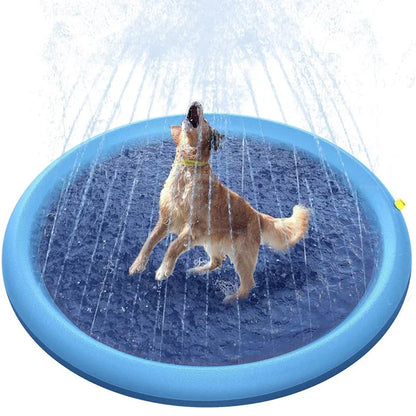 Dog playing in a blue WoofiPool Dog Swimming Pool on a white background