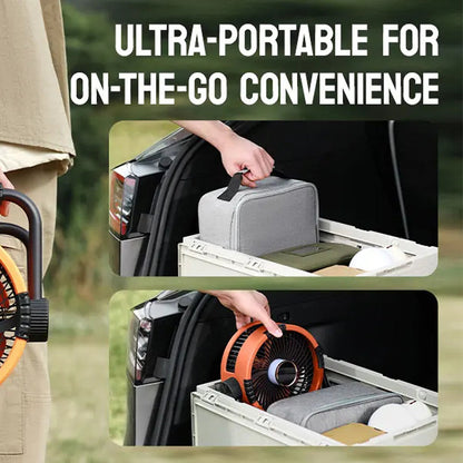 WyniDora Fan kit being used with text 'Ultra-portable for on-the-go convenience'.