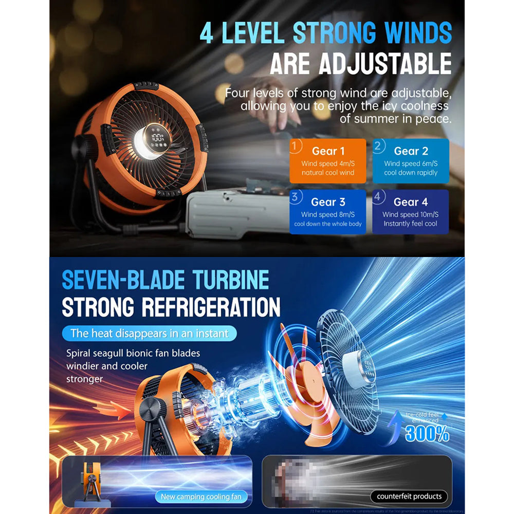 Promotional graphic of a WyniDora Fan with adjustable wind levels and strong refrigeration capabilities.
