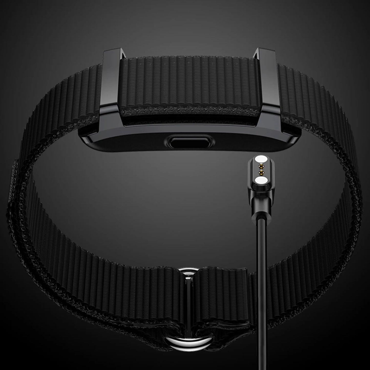 Close-up of a black Yondaly Health Tracker Smart Bands on a dark background