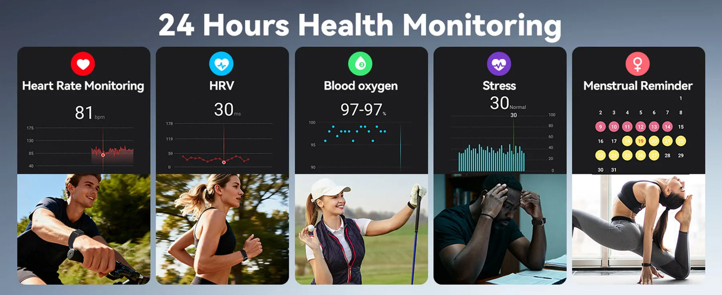 Health Yondaly Health Tracker Smart Bands app interface with various metrics and users exercising outdoors.