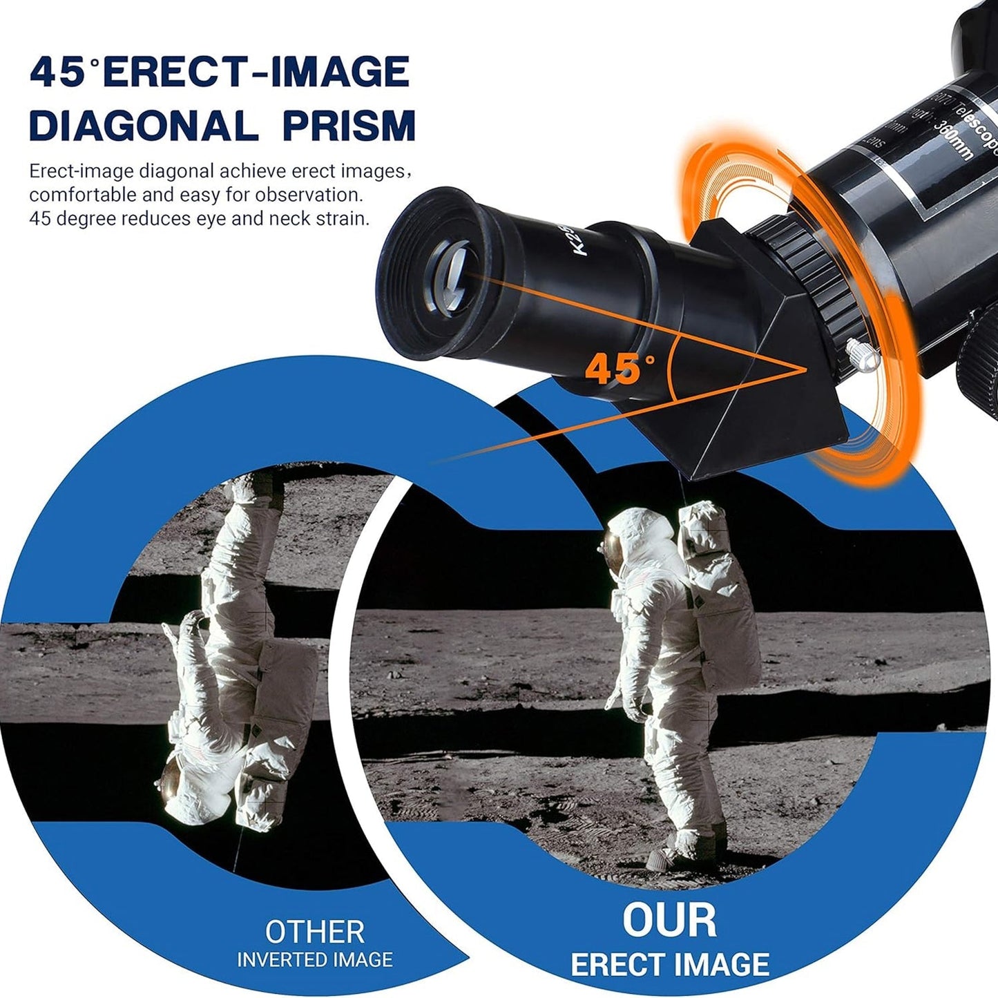 ZenoGaci Telescope with 45-degree erect-image diagonal prism on a background of astronauts on the moon.