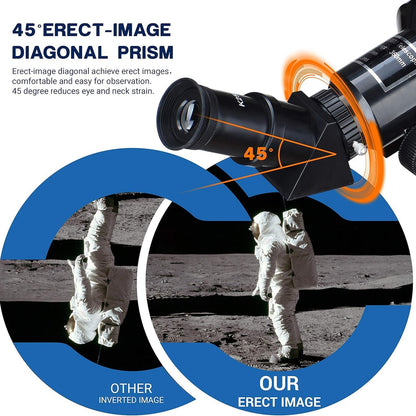 ZenoGaci Telescope with 45-degree erect-image diagonal prism on a background of astronauts on the moon.