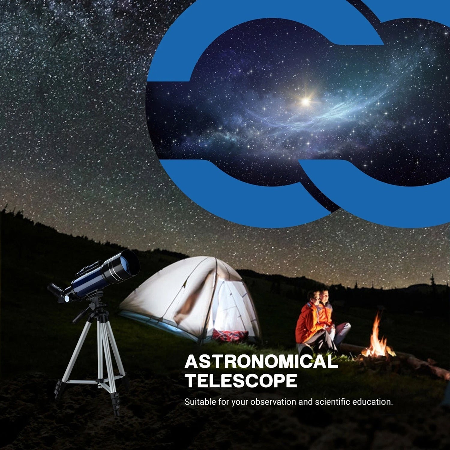 ZenoGaci Telescope with a tent and person by a campfire under a starry sky, promoting astronomical telescope.
