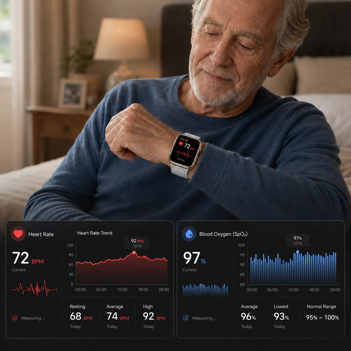 An older man in a blue sweater sits on a couch in a living room, looking down at a smartwatch on his wrist. Two digital health panels overlay the bottom of the image, showing heart rate and blood oxygen readings.
