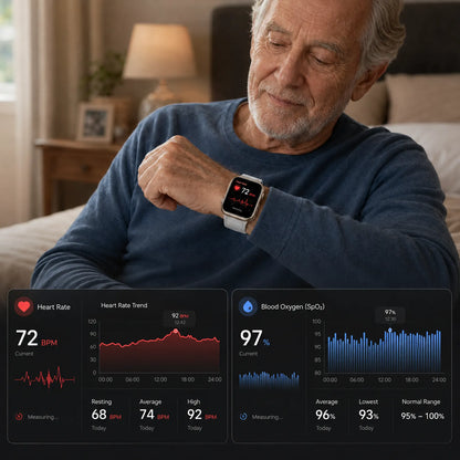An older man in a blue sweater sits on a couch in a living room, looking down at a smartwatch on his wrist. Two digital health panels overlay the bottom of the image, showing heart rate and blood oxygen readings.