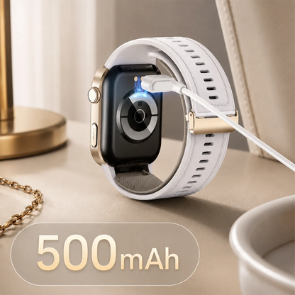 A white Zenvora Blood Pressure Smartwatch band with a gold-toned connector clasp is shown plugged into a black smartwatch. The band has a matte white finish with a textured interior and a gold accent.