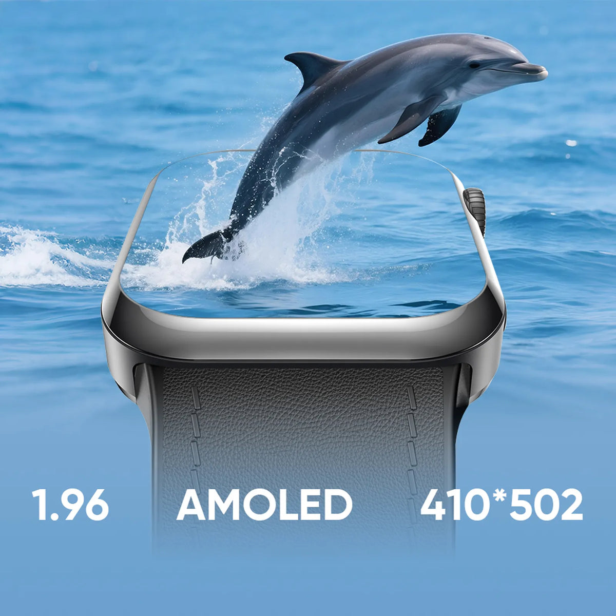 A Zenvora Blood Pressure Smartwatch with a dark textured strap and silver bezel is shown against a blue ocean background with a dolphin jumping over the water. White text at the bottom reads '1.