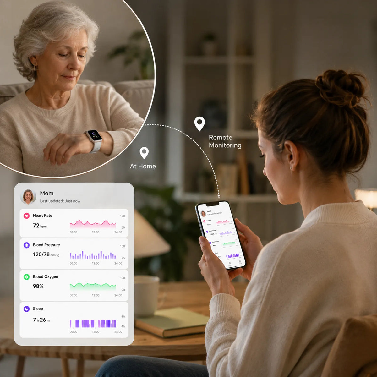 A woman at home uses a smartphone to view real-time health monitoring data for her mother, shown in an inset circle on the phone watch. A large app dashboard on the left displays heart rate, blood pressure, oxygen levels, and sleep status with the label 'Mom'.